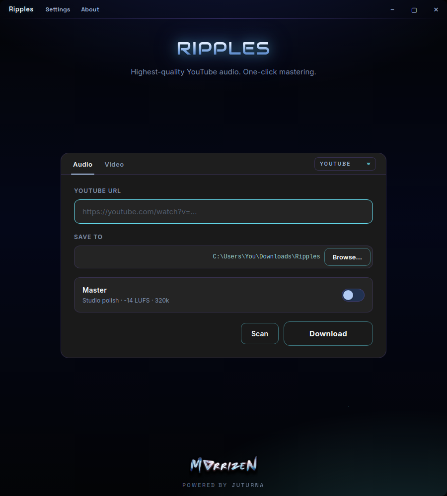 Ripples Audio tab with URL field, save location, and the Master toggle