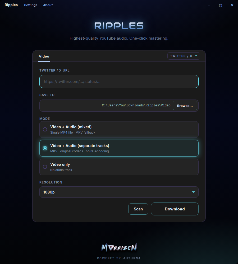 Ripples with the source selector set to Twitter / X