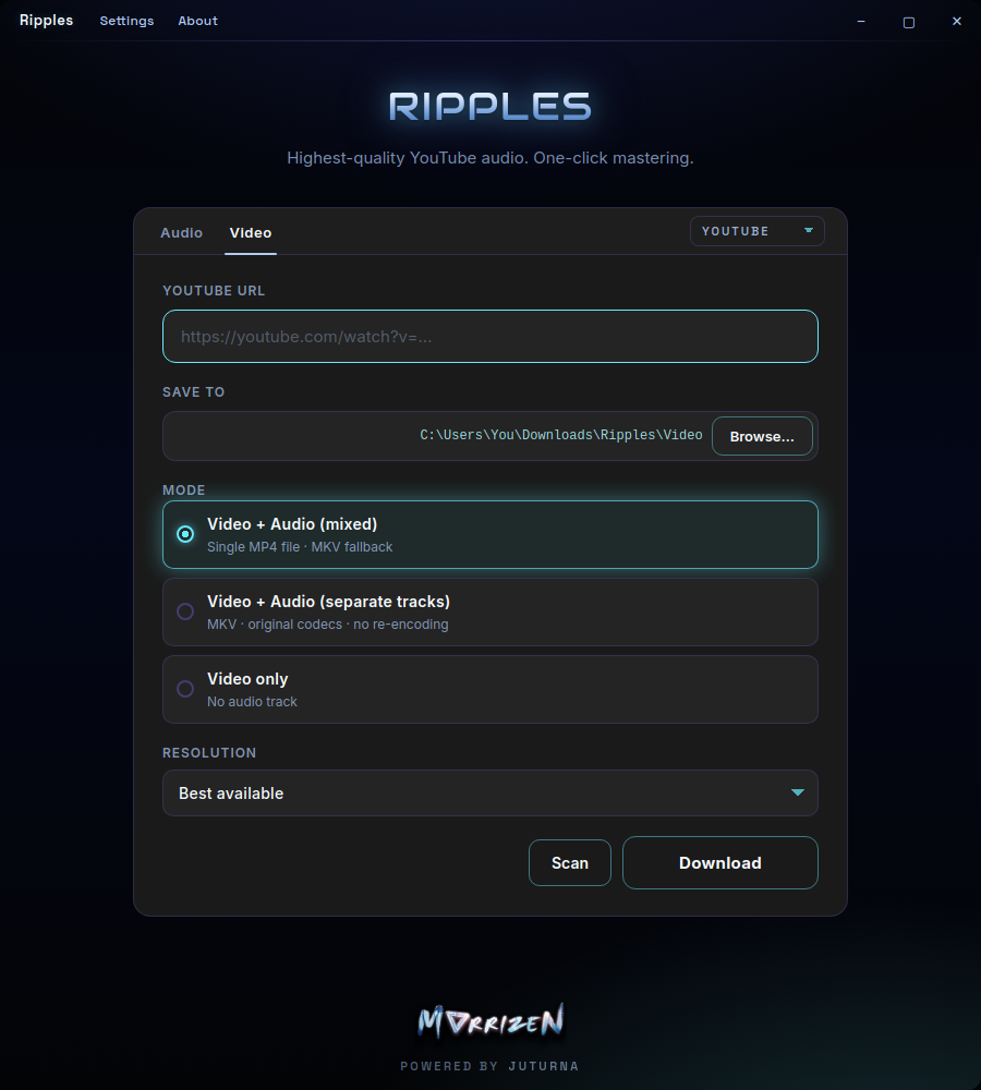 Ripples Video tab showing the three download modes and a resolution selector